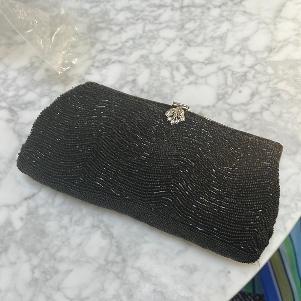 Aqua Black Beaded Evening Bag with Silver Hardware.